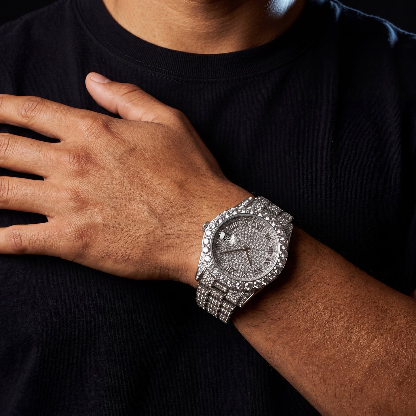 Iced Round Cut Roman Numeral Watch - Different Drips