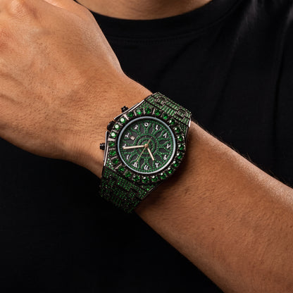 Fully Iced Green Arabic Numeral Watch - Different Drips