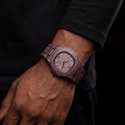 Bust Down Pink Cushion Case Watch with Date Window - Different Drips