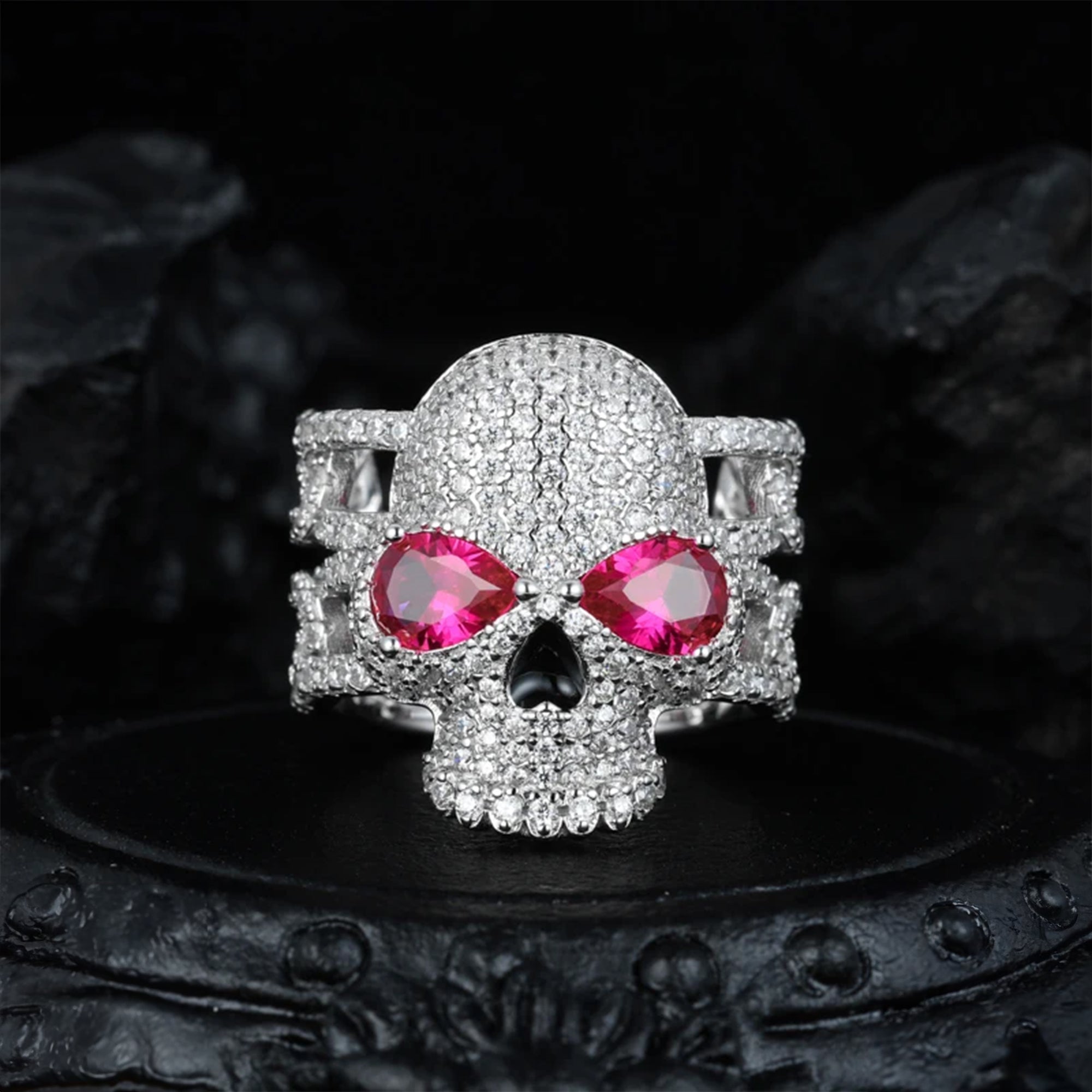 S925 Moissanite Diamond / Ruby Skull Cuban Ring - Different Drips