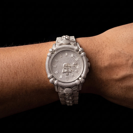 Iced pirate skull round watch with skull bezel and raised skull dial