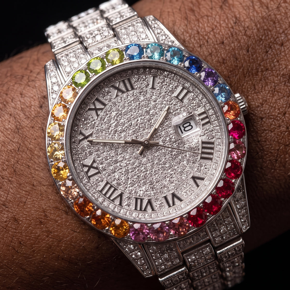 Iced Multi-Color Roman Numeral Watch - Different Drips