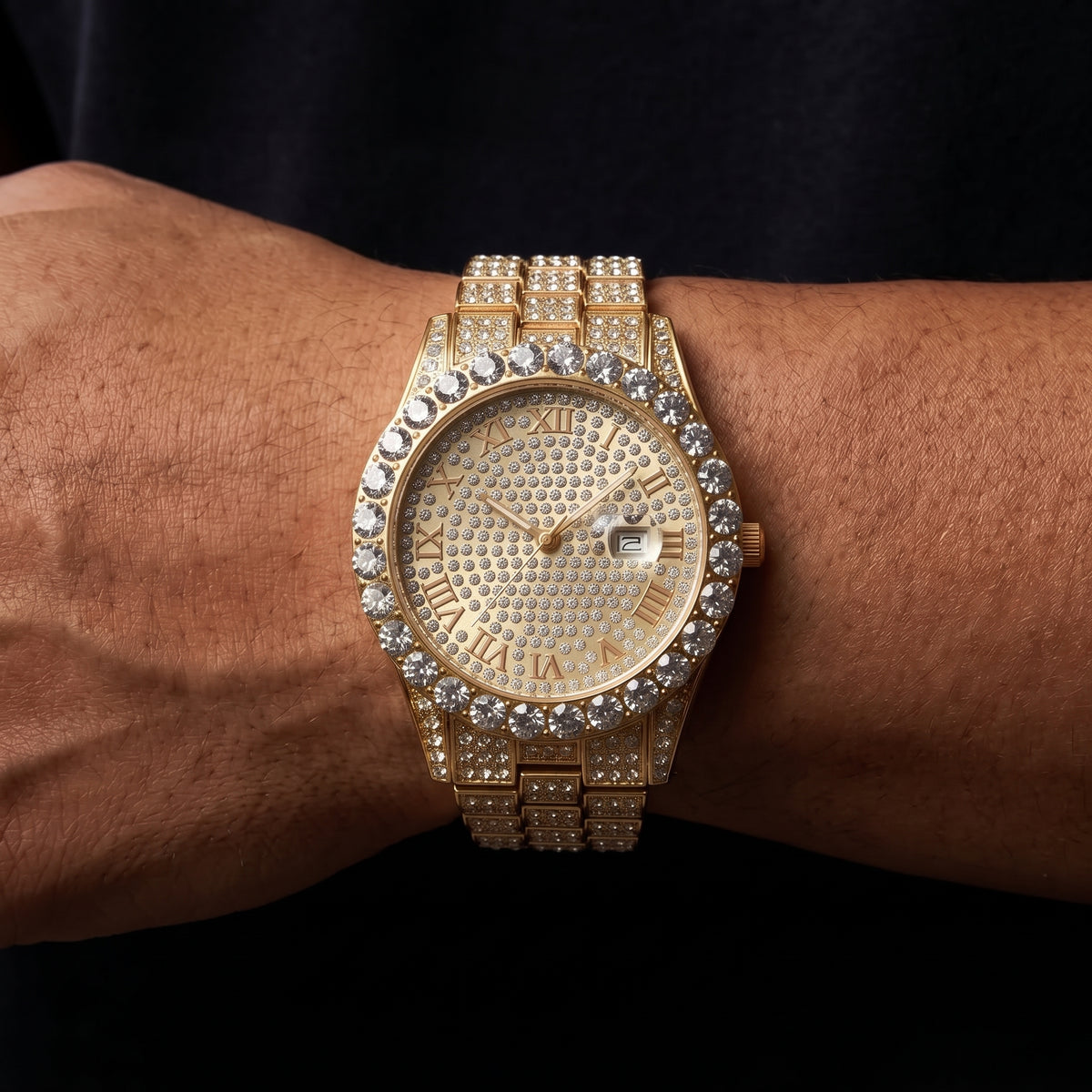 Iced Round Cut Roman Numeral Watch - Different Drips