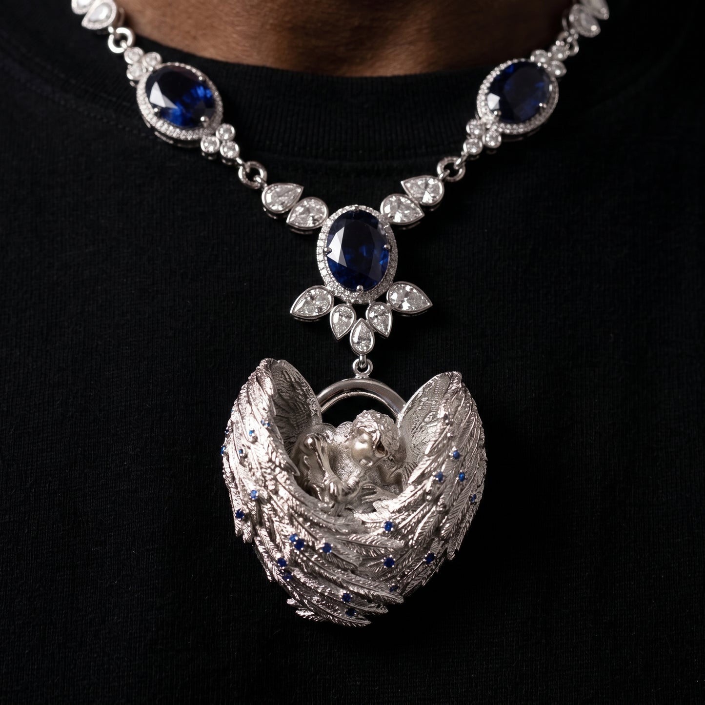 Iced Angel Blue Sapphire Pear Cut Pendant