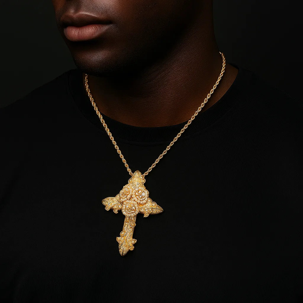 Iced Out Rose Cross Pendant - Different Drips