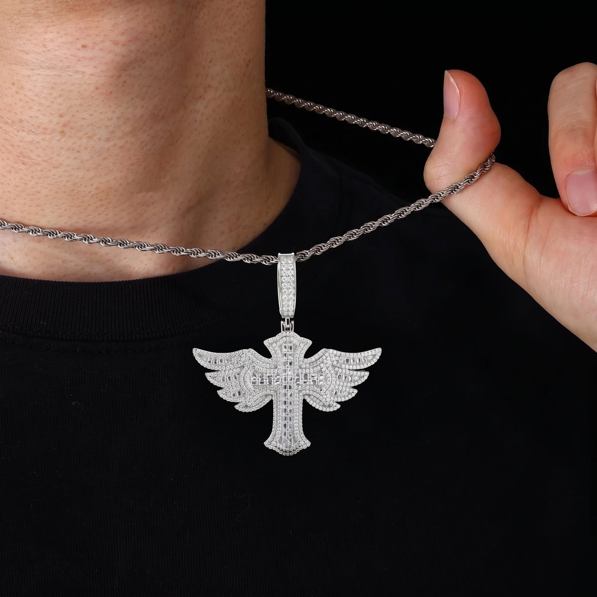 S925 Moissanite Baguette Winged Cross Pendant - Different Drips