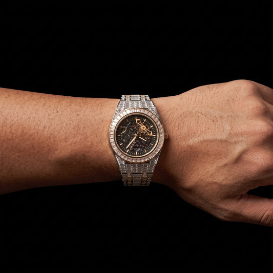 All over baguette mechanical watch with round dial and fully stone-set bracelet