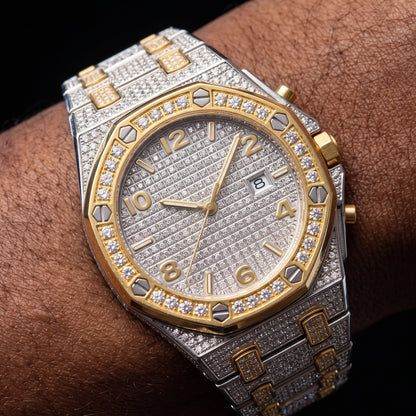 Iced out octagonal case watch with screw-head bezel and stone band