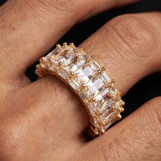 Three-row baguette eternity ring with stones around the band
