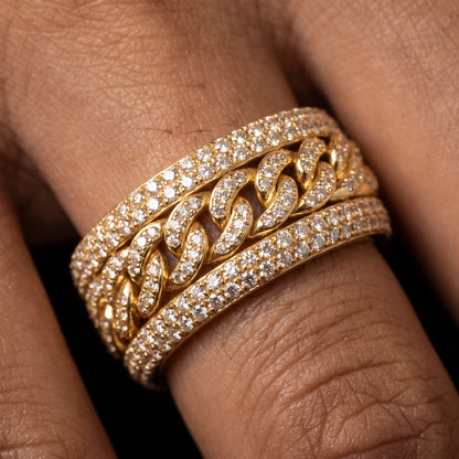 Iced Cuban link ring with a rotating center band of prong-set stones
