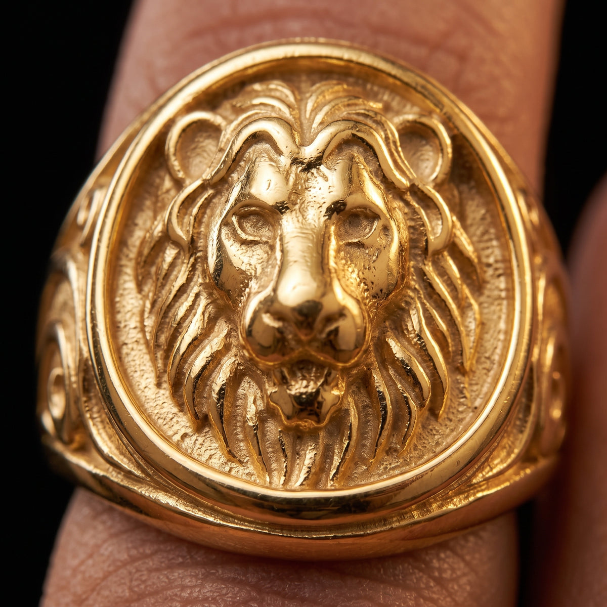 Gold Lion Head Signet Ring