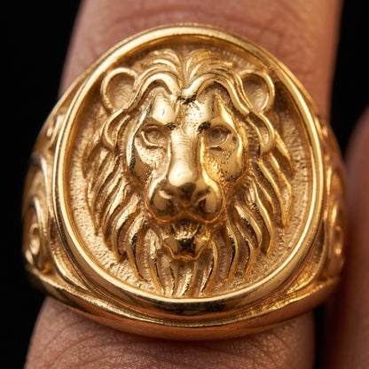 Gold Lion Head Signet Ring