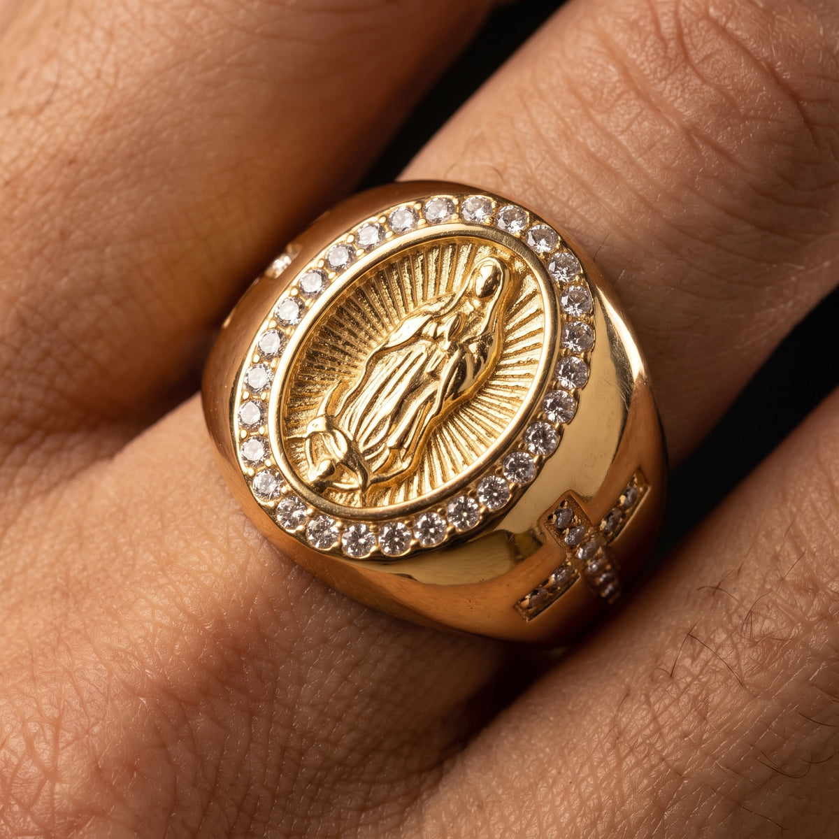 Iced Virgin Mary Cross Signet Ring
