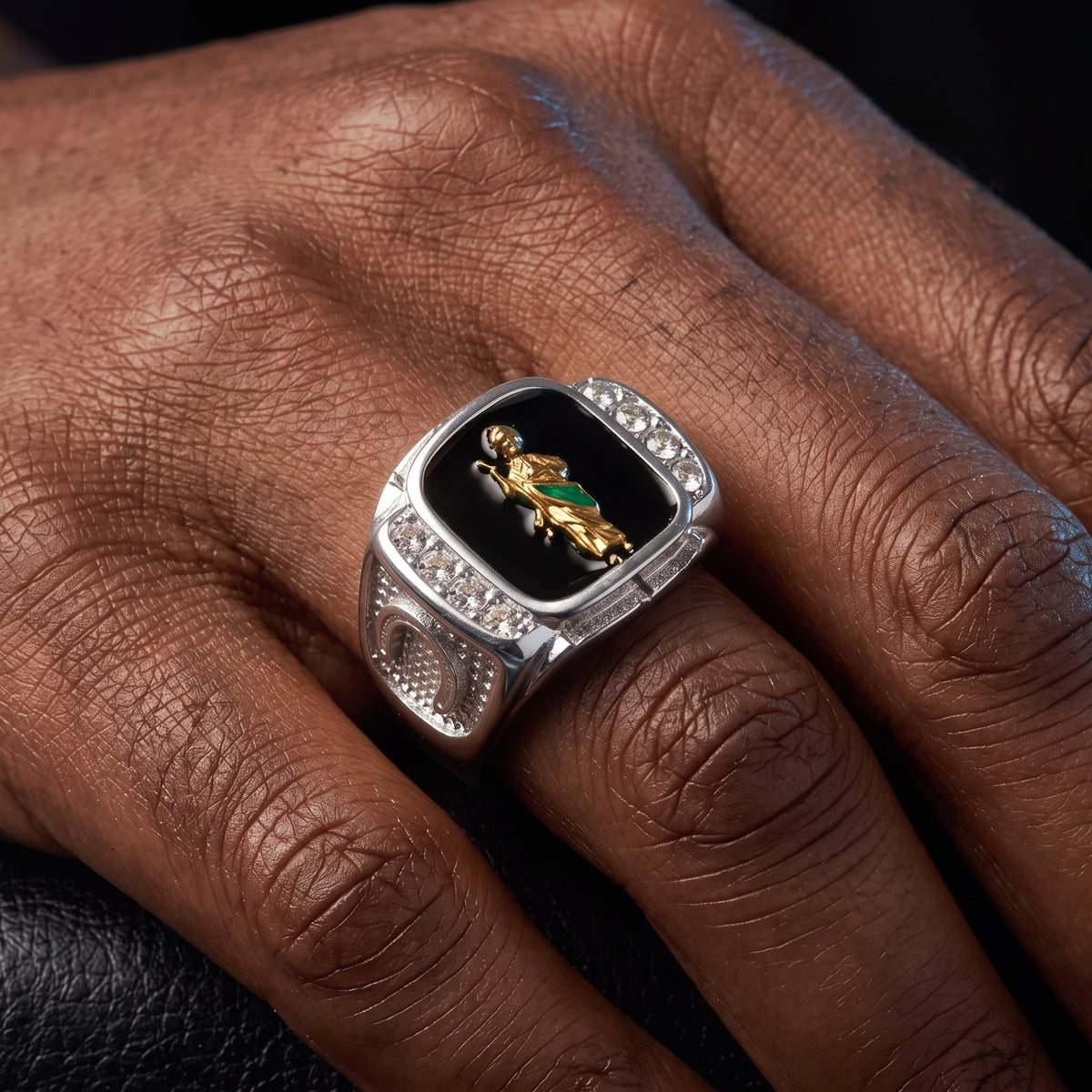 San Judas Black Enamel Signet Ring