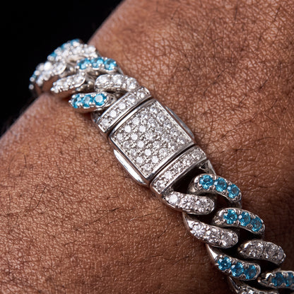 8mm Iced Blue & White Gold Cuban Bracelet - Different Drips