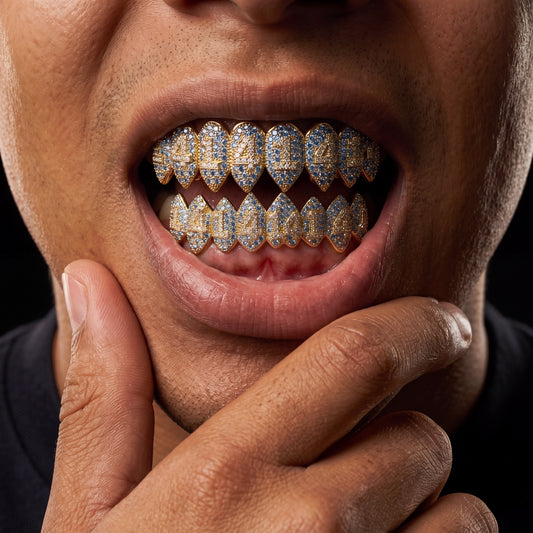 Yellow Gold 1414 Iced Out Fang Grillz - Different Drips