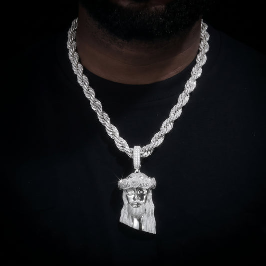 Moissanite rose crown Jesus head pendant on a rope chain