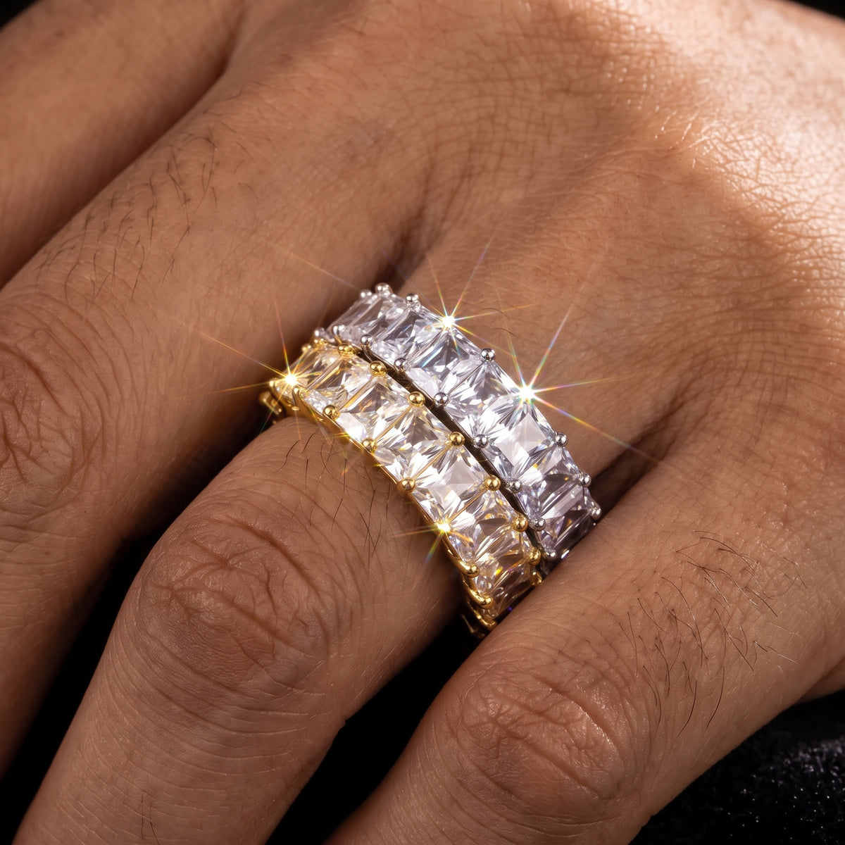 7mm men's baguette ring with baguette-cut stones across the band