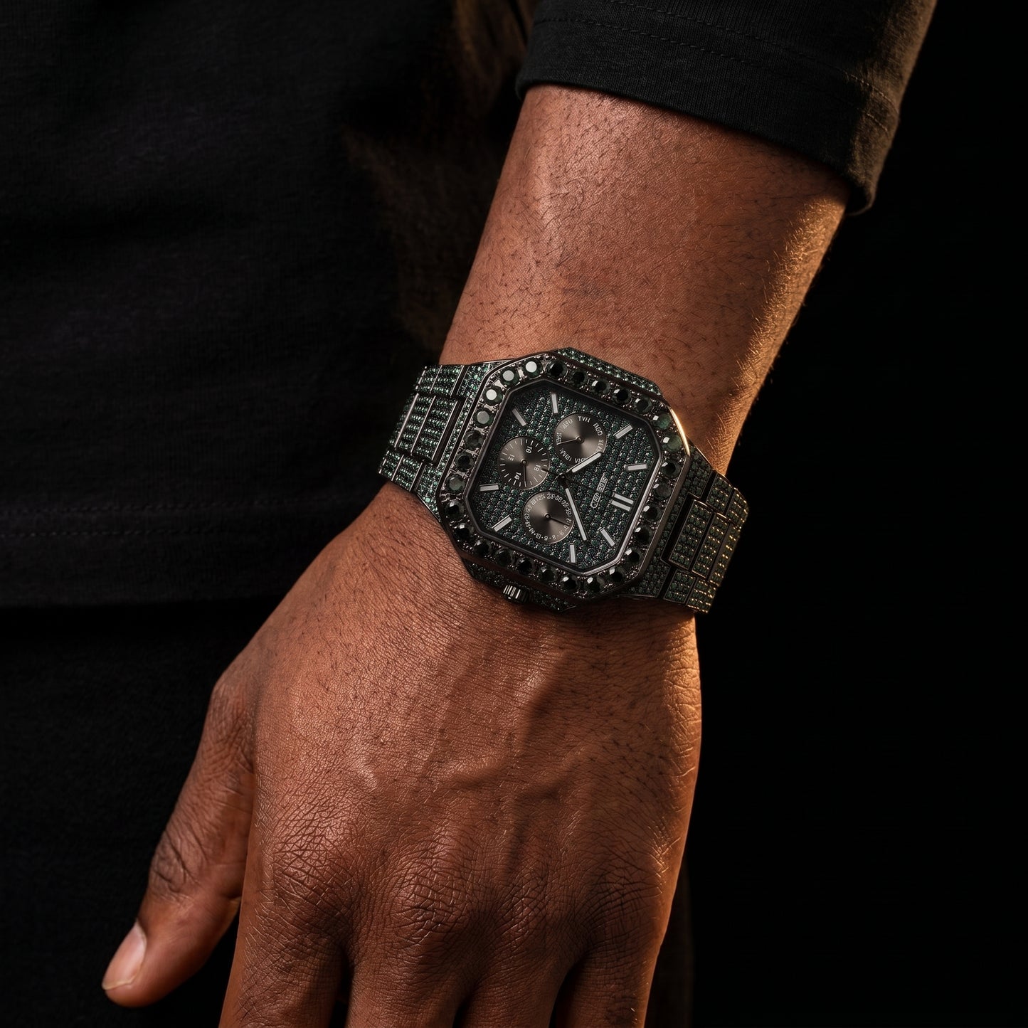 Iced Emerald Green Square Chronograph Watch