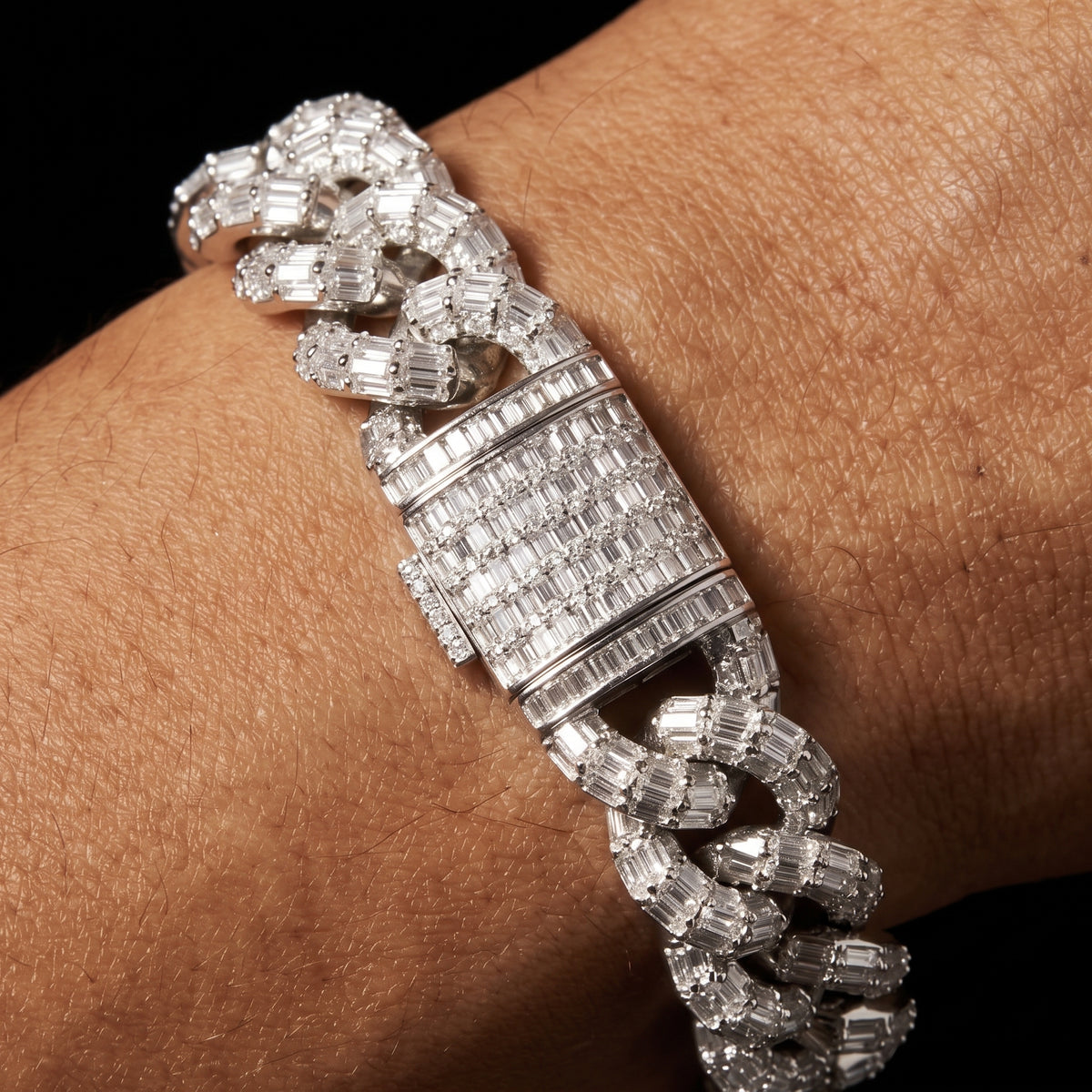 21mm Miami Cuban link bracelet covered in prong-set baguette stones