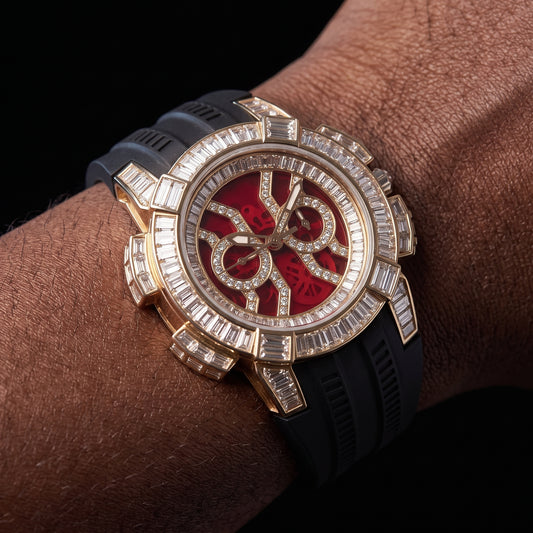 Iced baguette round cut watch with gold case and black rubber strap