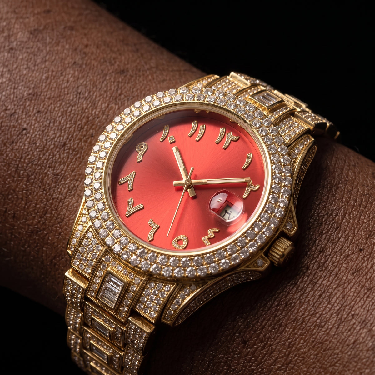 Iced watch with blue Arabic numeral dial