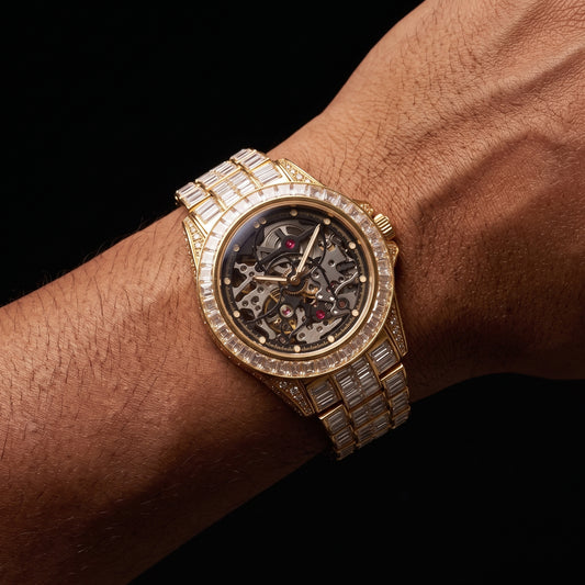 Skeleton watch with open dial and baguette stone case