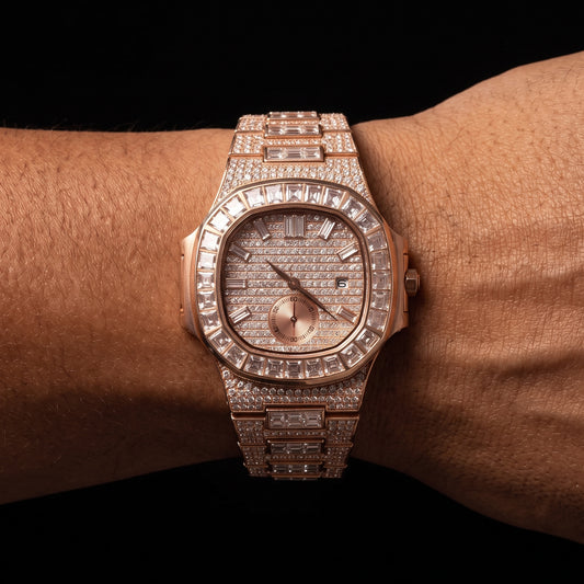 Iced baguette bezel chronograph watch with round case and hand-set stones