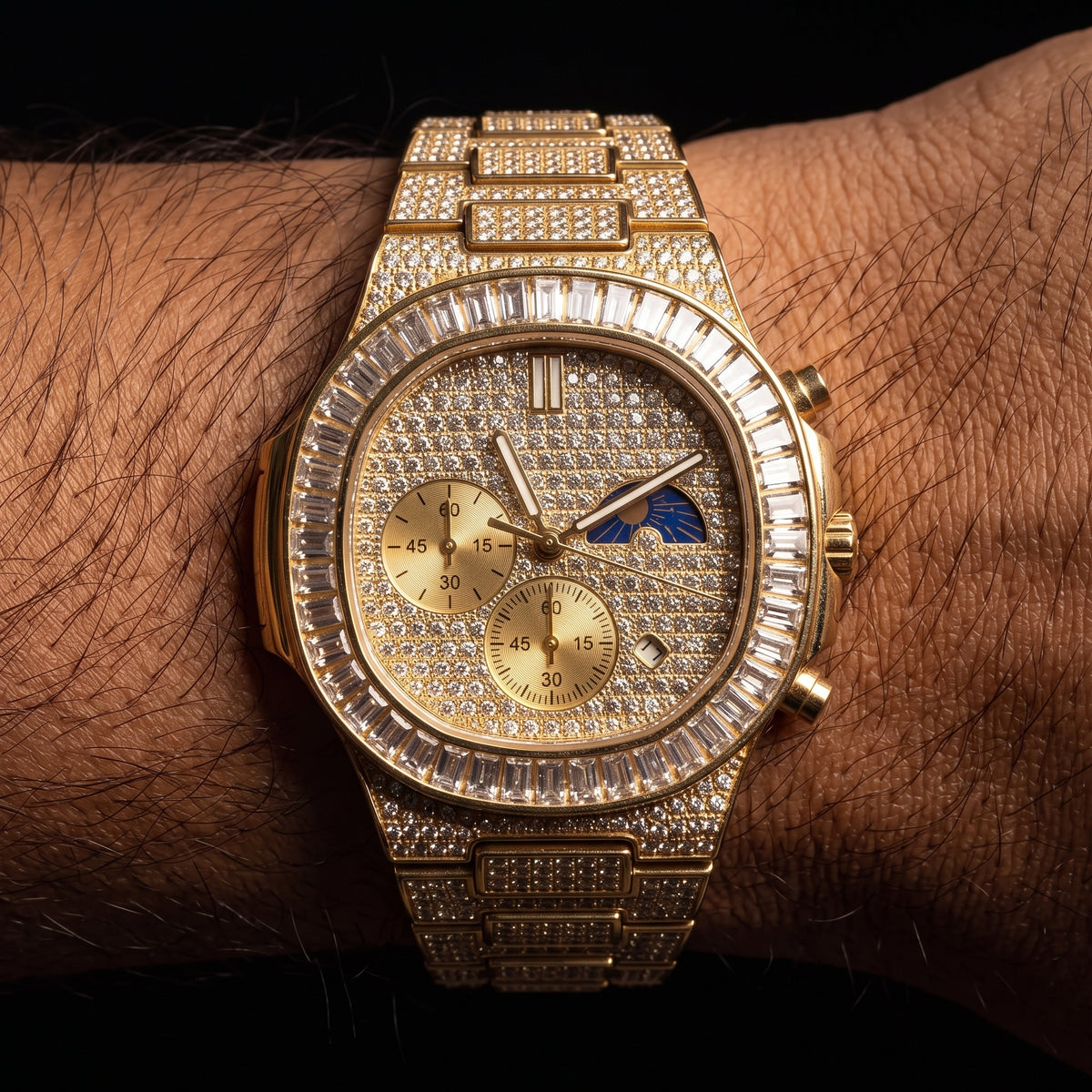 Iced Baguette Sun & Moon Chronograph Watch - Different Drips