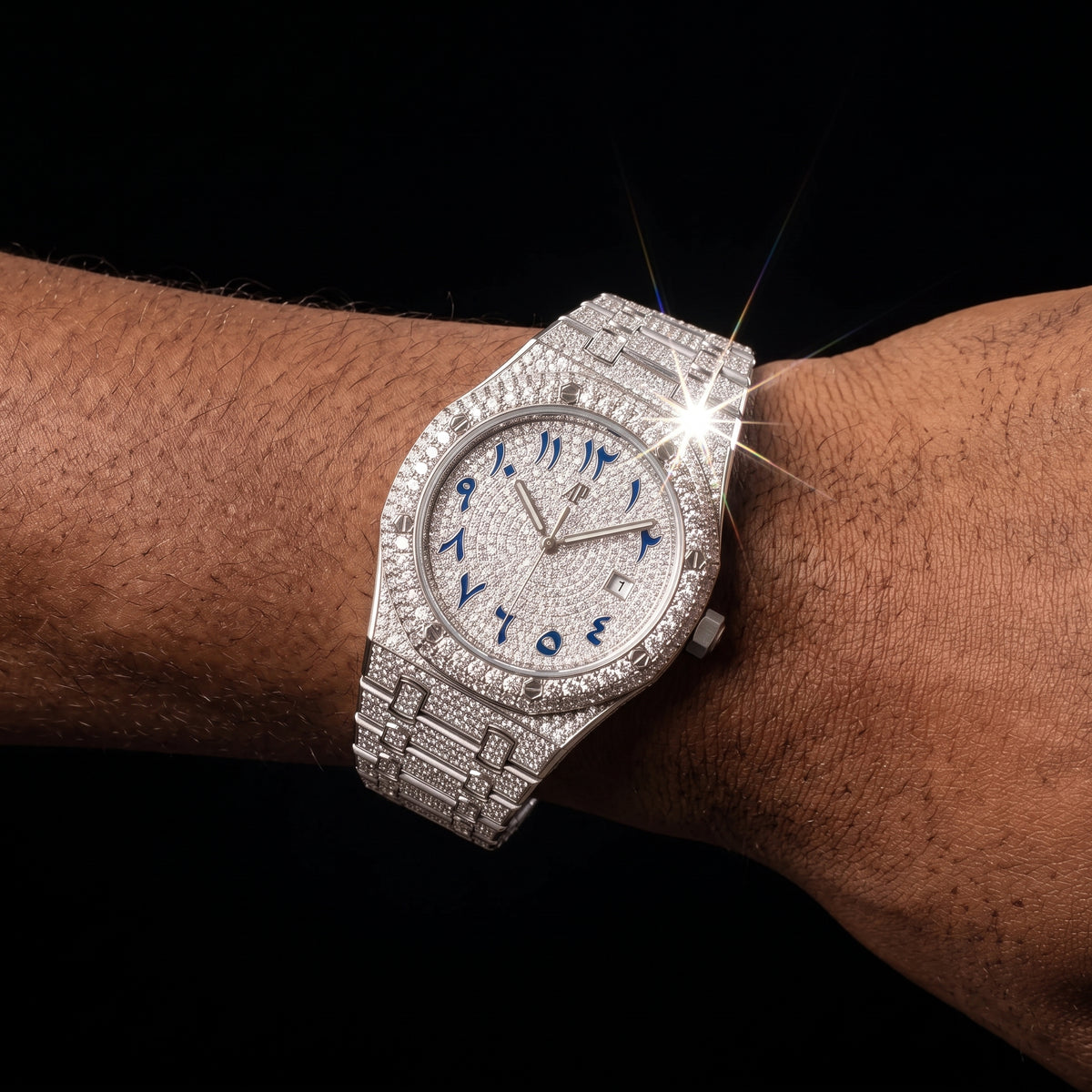 Iced octagonal watch with Arabic numeral dial