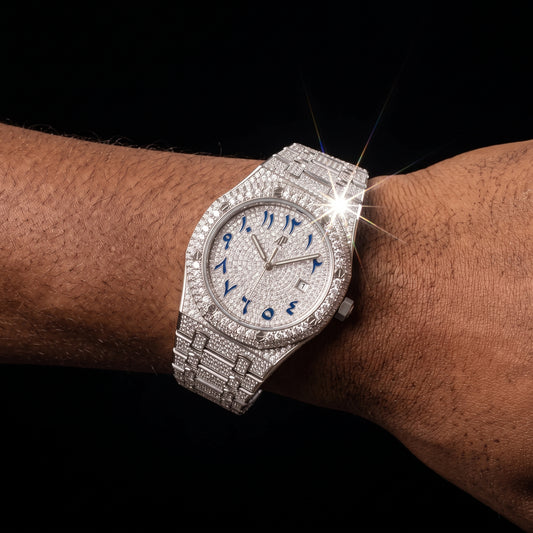 Iced octagonal watch with Arabic numeral dial