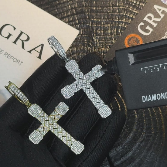 Basket-Weave Iced Moissanite Cross Pendant - Different Drips