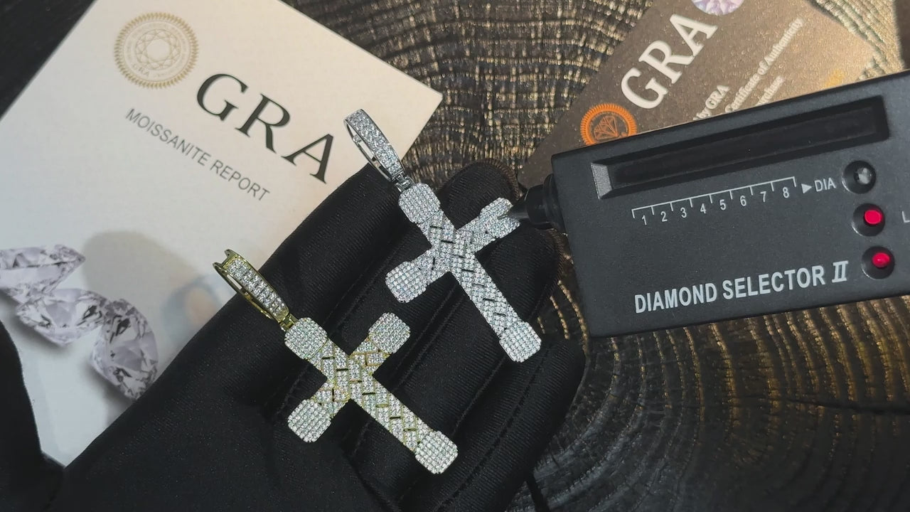 Basket-Weave Iced Moissanite Cross Pendant - Different Drips