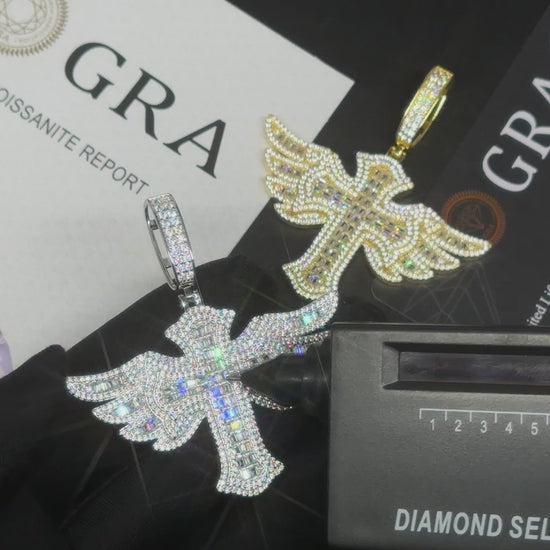 S925 Moissanite Baguette Winged Cross Pendant - Different Drips