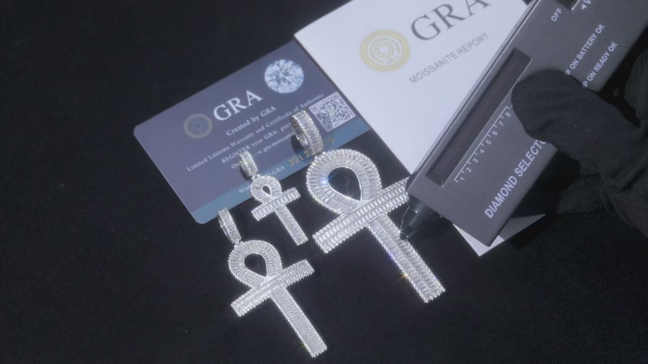 S925 Moissanite Baguette Ankh Cross Pendant - Different Drips