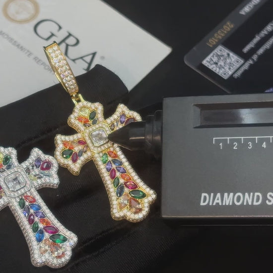 Moissanite Rainbow Budded Cross Pendant - Different Drips