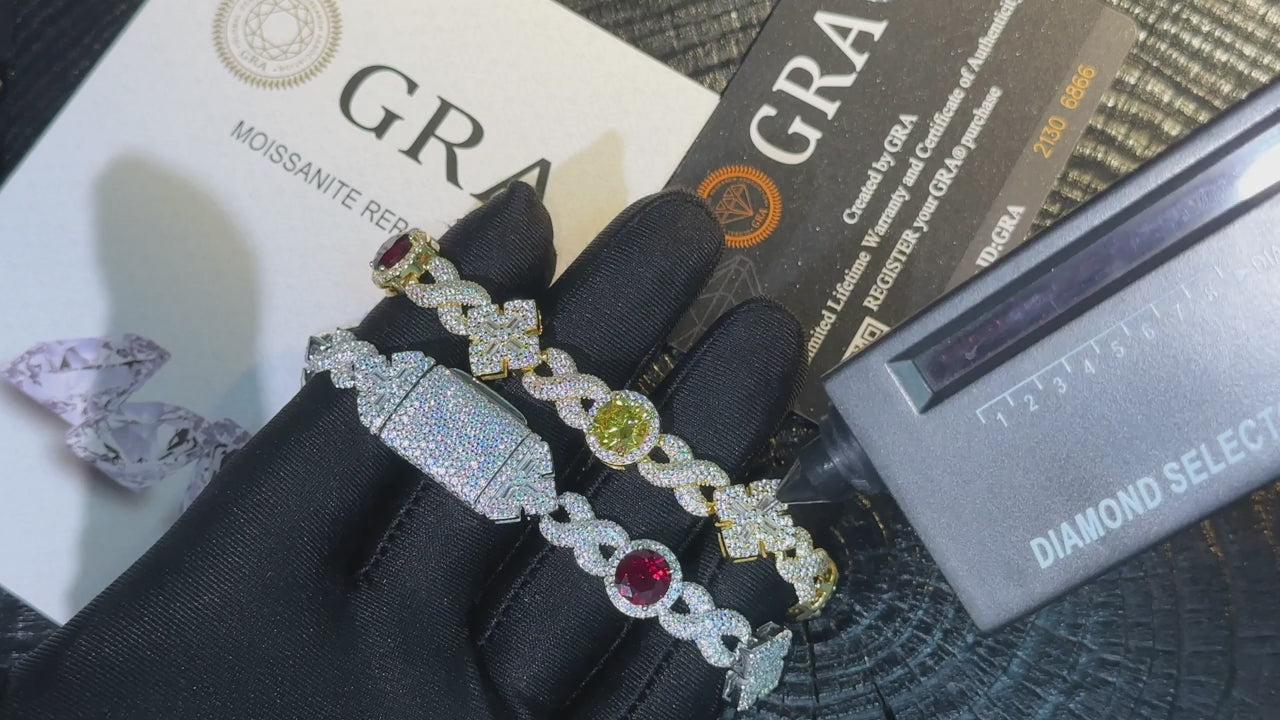 Infinity-Link Bracelet with Canary & Sapphire-Blue Rounds, Cross Center - Different Drips