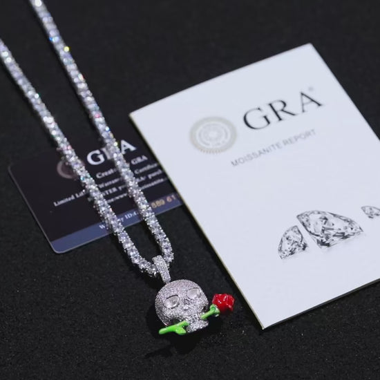 S925 Moissanite Glow In The Dark Rose Skull Pendant - Different Drips