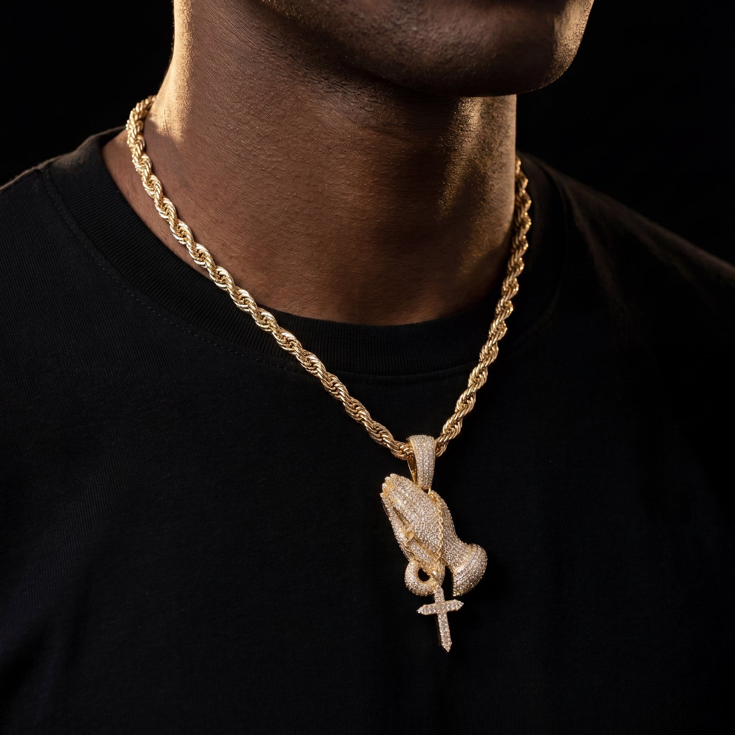 Yellow Gold Iced Prayer Hand Pendant - Different Drips