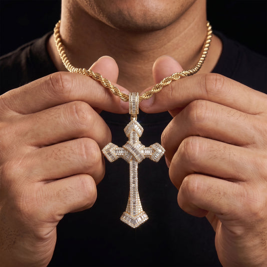Baguette cross pendant with rectangular stones on a rope chain