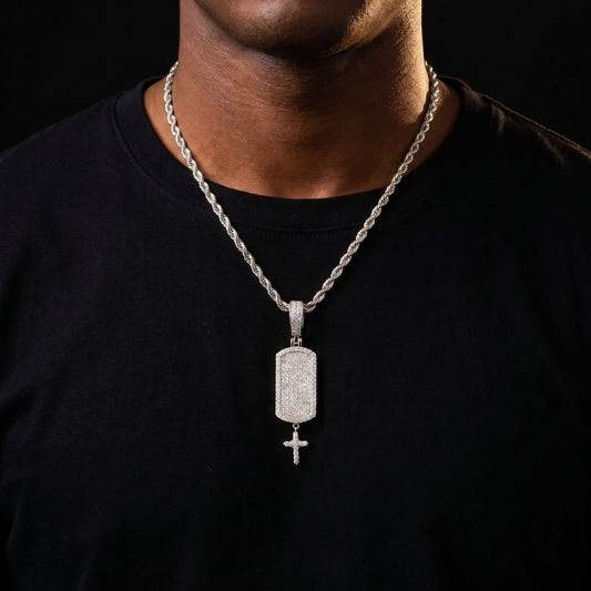 S925 Moissanite Iced Dog Tag Pendant with Dangling Cross - Different Drips