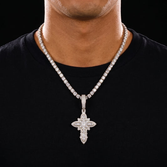 Floral cross pendant flooded with moissanite stones silver