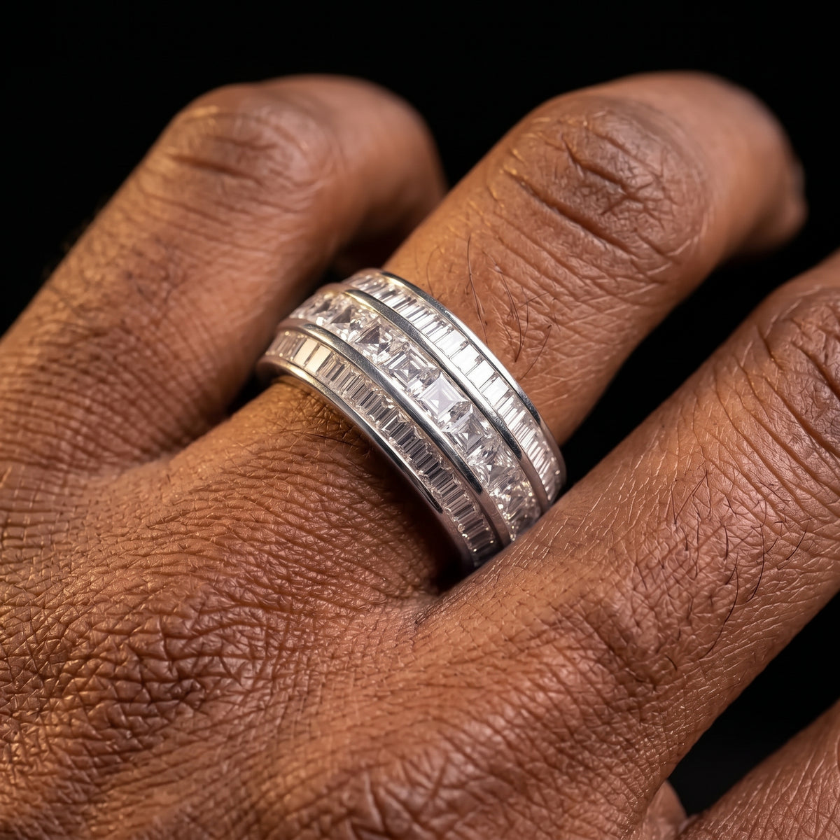 Layered baguette ring with stacked rows of rectangular stones