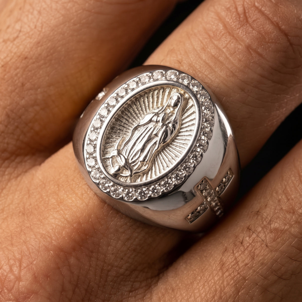 Iced Virgin Mary Cross Signet Ring