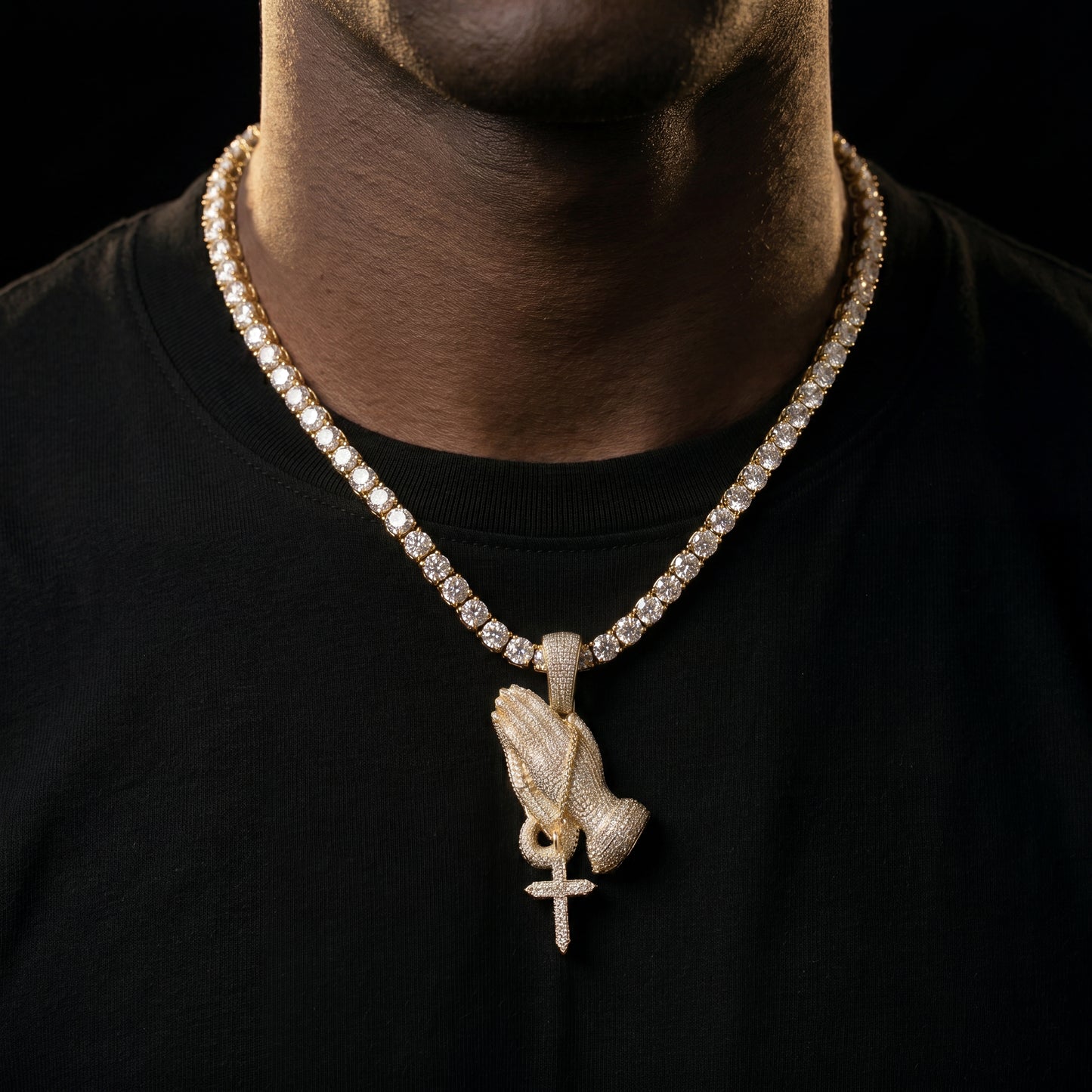 Yellow Gold Iced Prayer Hand Pendant - Different Drips