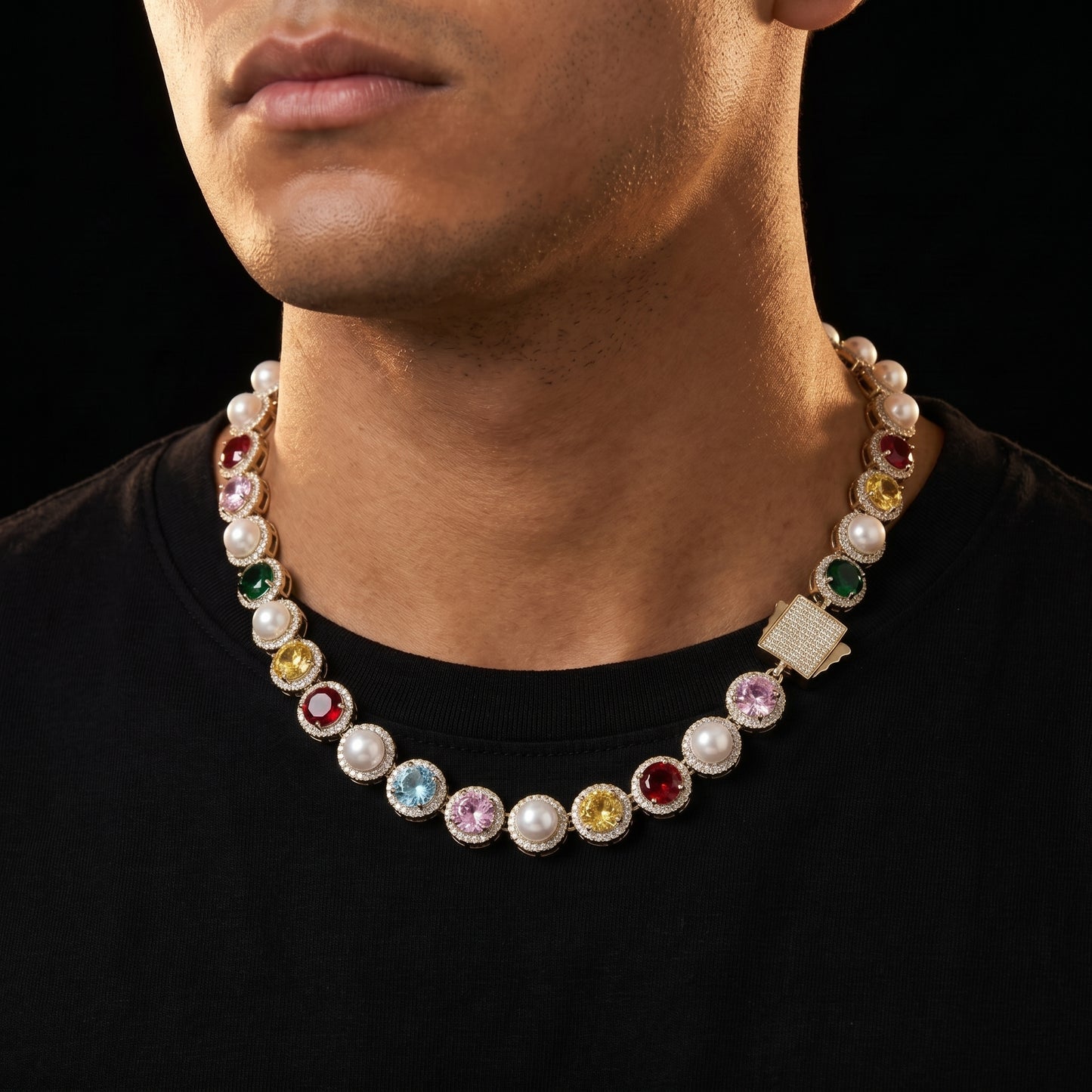 Pearl Multicolor Gemstone Halo Link Chain