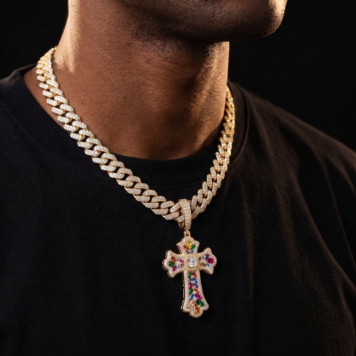 Moissanite Rainbow Budded Cross Pendant - Different Drips