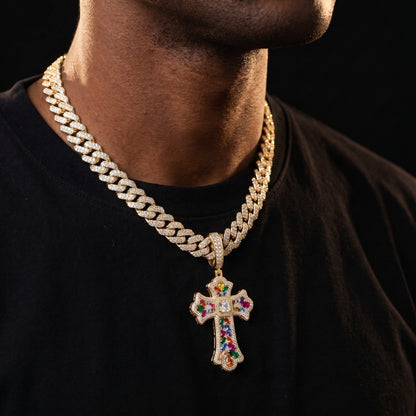 Moissanite Rainbow Budded Cross Pendant - Different Drips