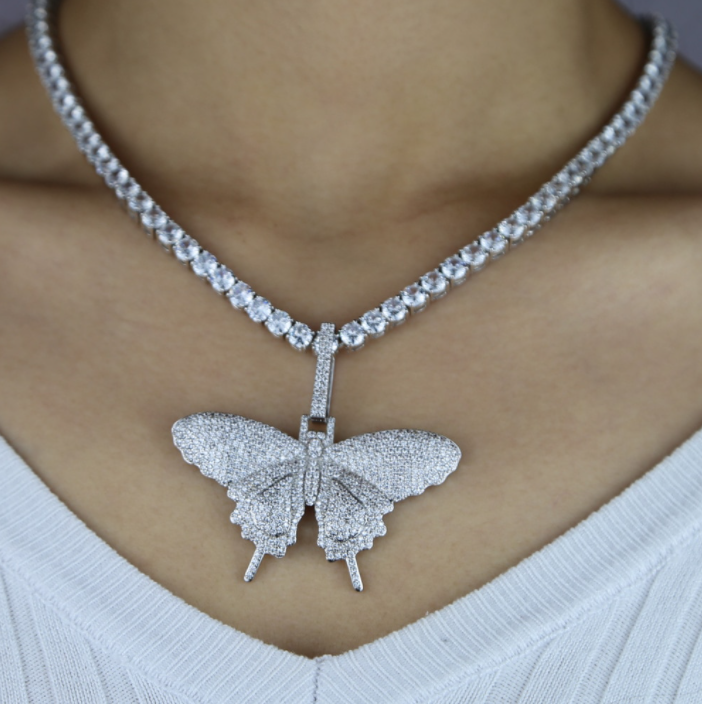 Women's Iced Out Butterfly Pendant in White Gold - Different Drips