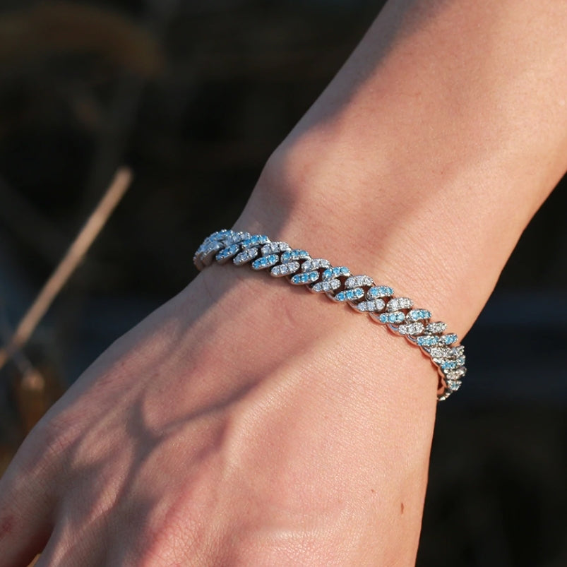 8mm Iced Blue & White Gold Cuban Bracelet - Different Drips